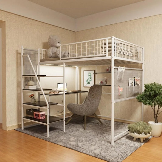Heavy Duty Metal Loft Bed Full Sze Frame with Staircase, Built-in Charging Station and LED Lighting for Bedroom